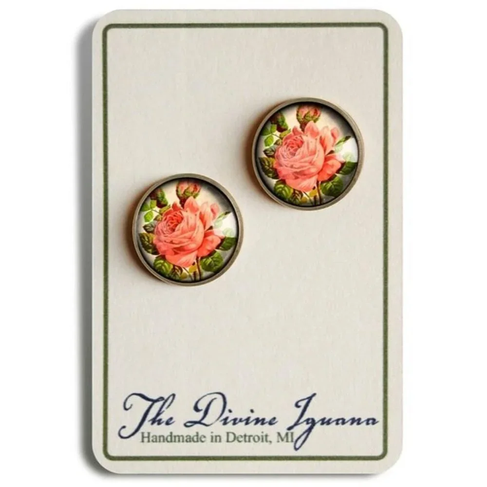 Victorian Tea Rose Stud‎ Earrings - Antique Bronze Romantic Floral Jewelry